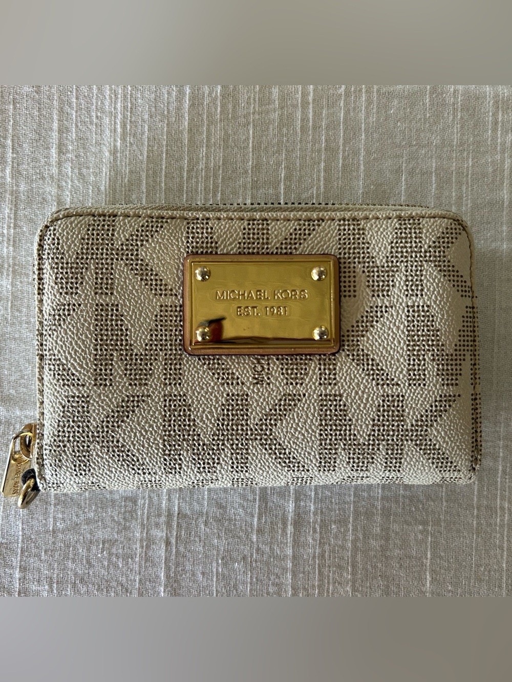 Michael Kors Beige Logo Card Holder with Gold Plaque